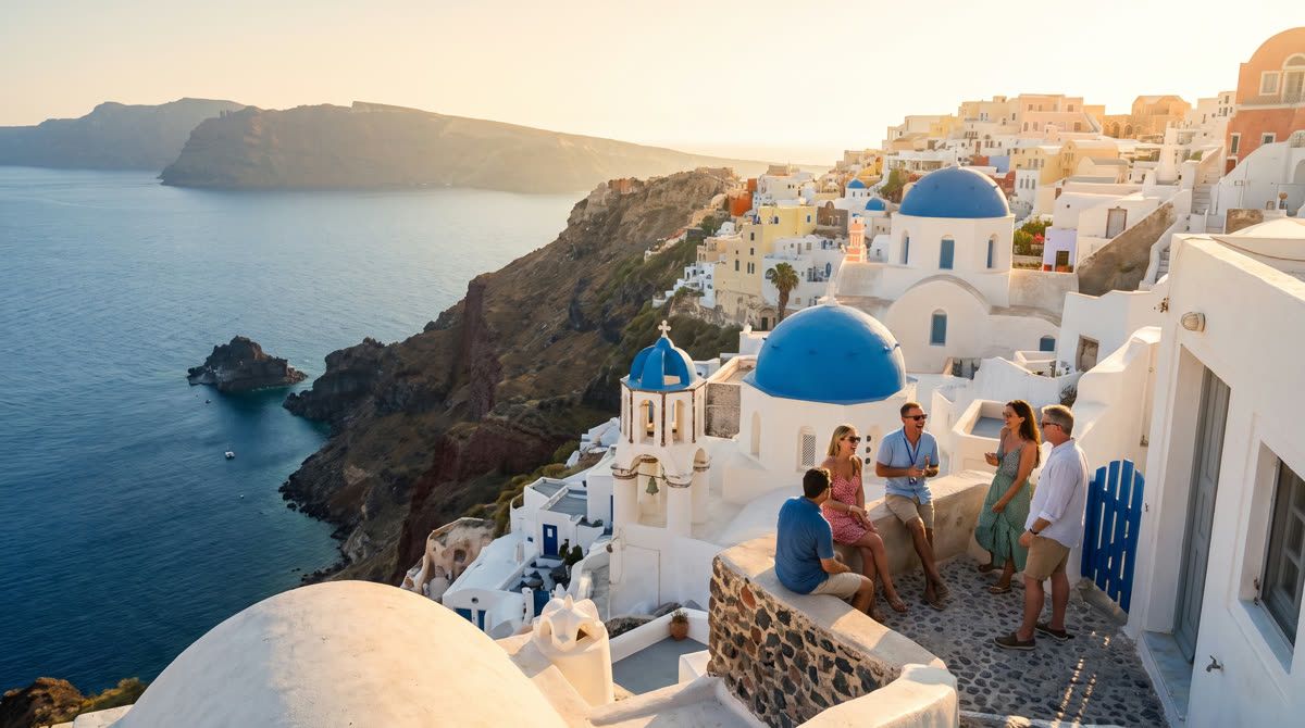 Travelers overlooking Santorini