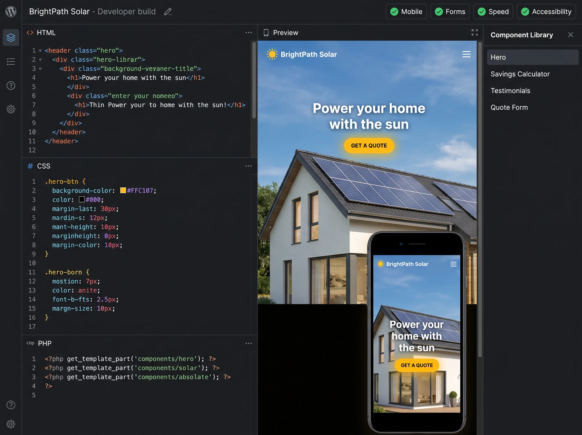 Developer build view with code editor, live preview and component library