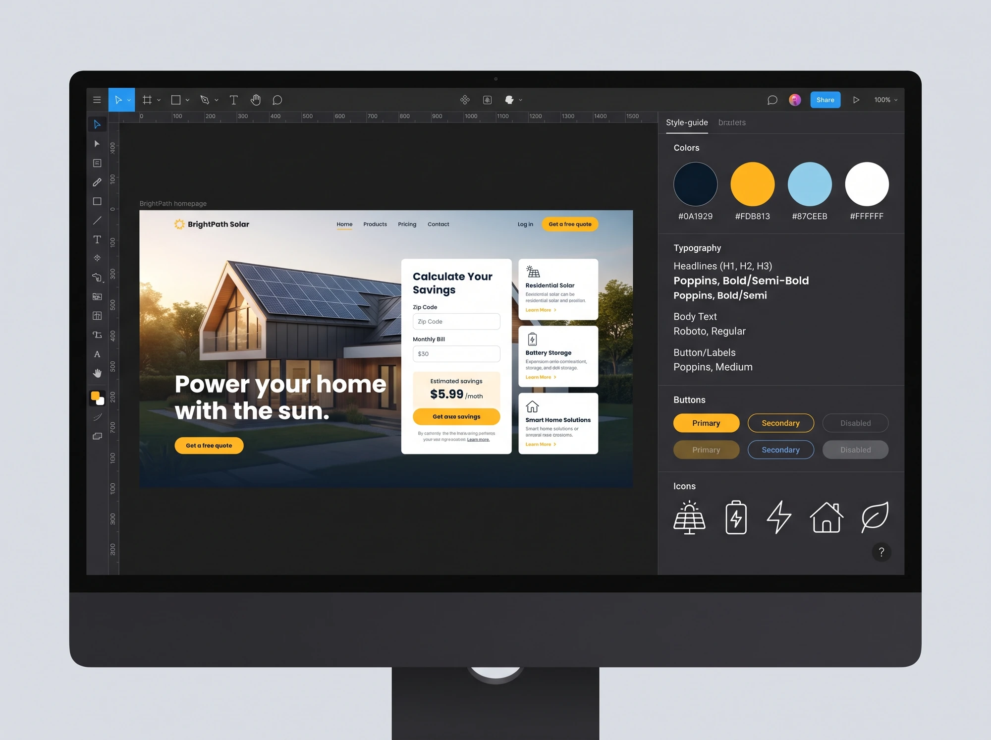Homepage design and style guide for a solar company website