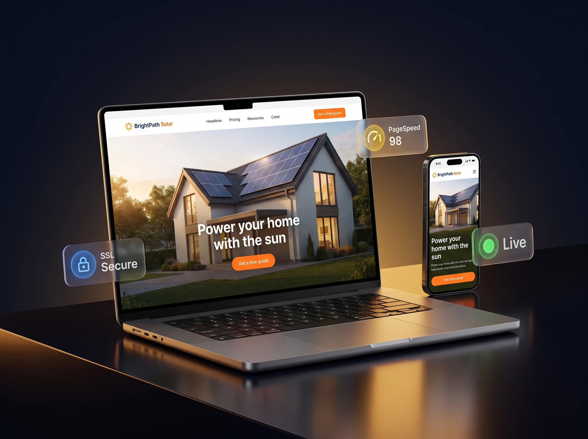 Finished solar company website on laptop and phone with SSL, speed and live badges