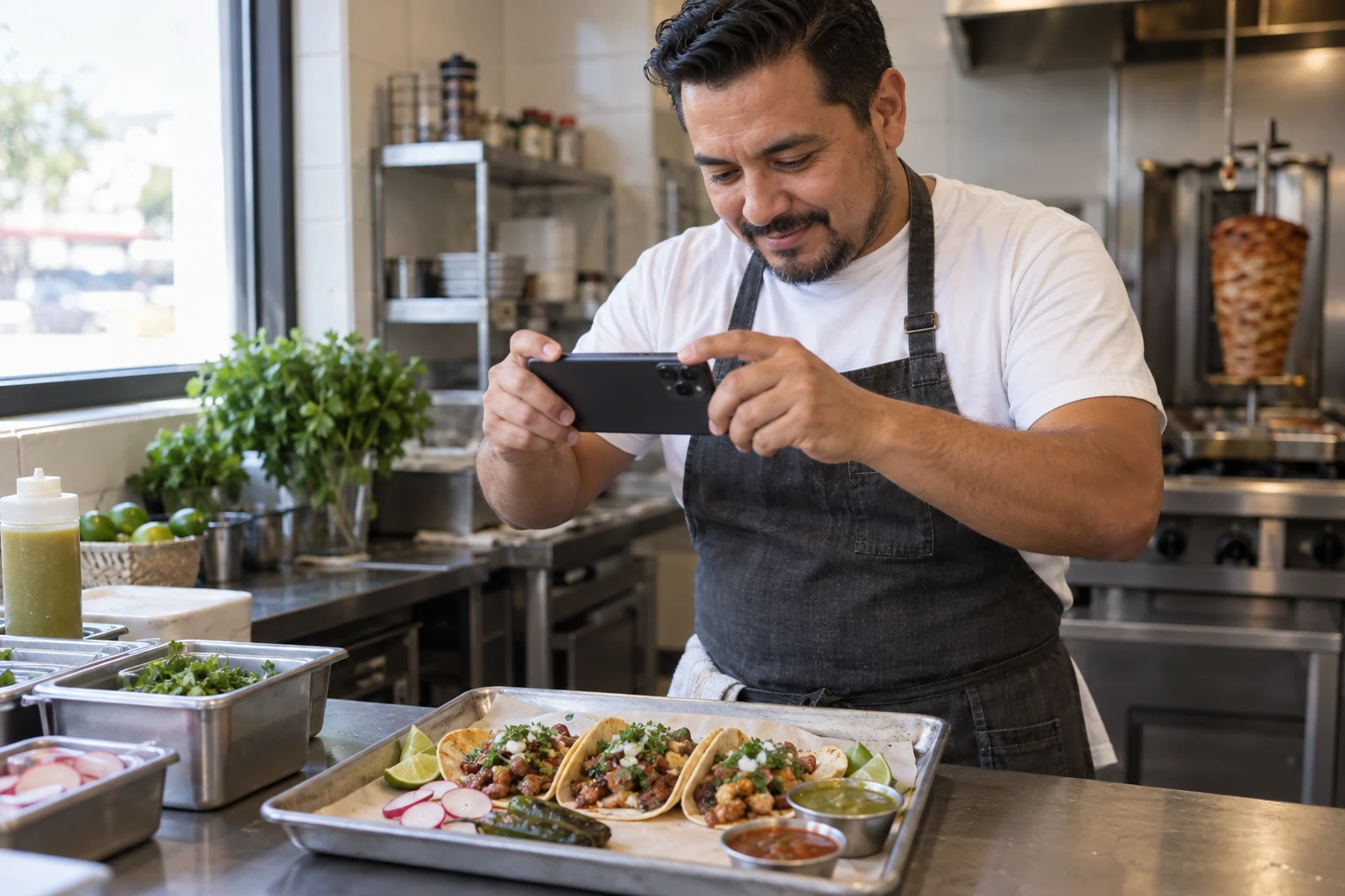 Un propietario de catering fotografía sus tacos para las redes sociales.